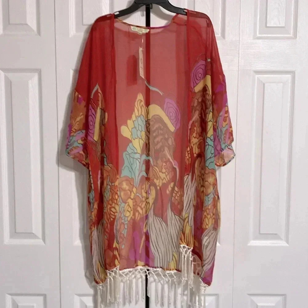 Anandas red fringe floral & birds wrap shawl cover cardigan top FREE size